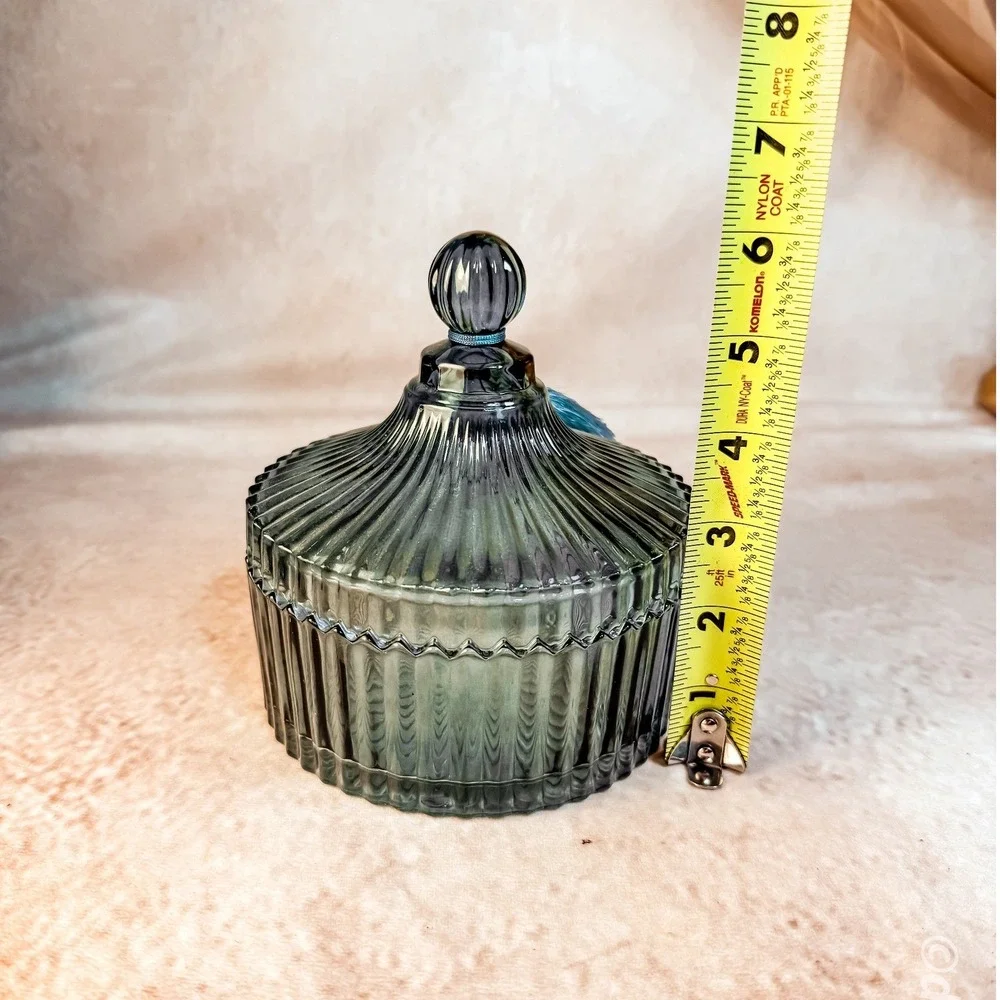 Blue Green Ribbed Glass Lidded Dish